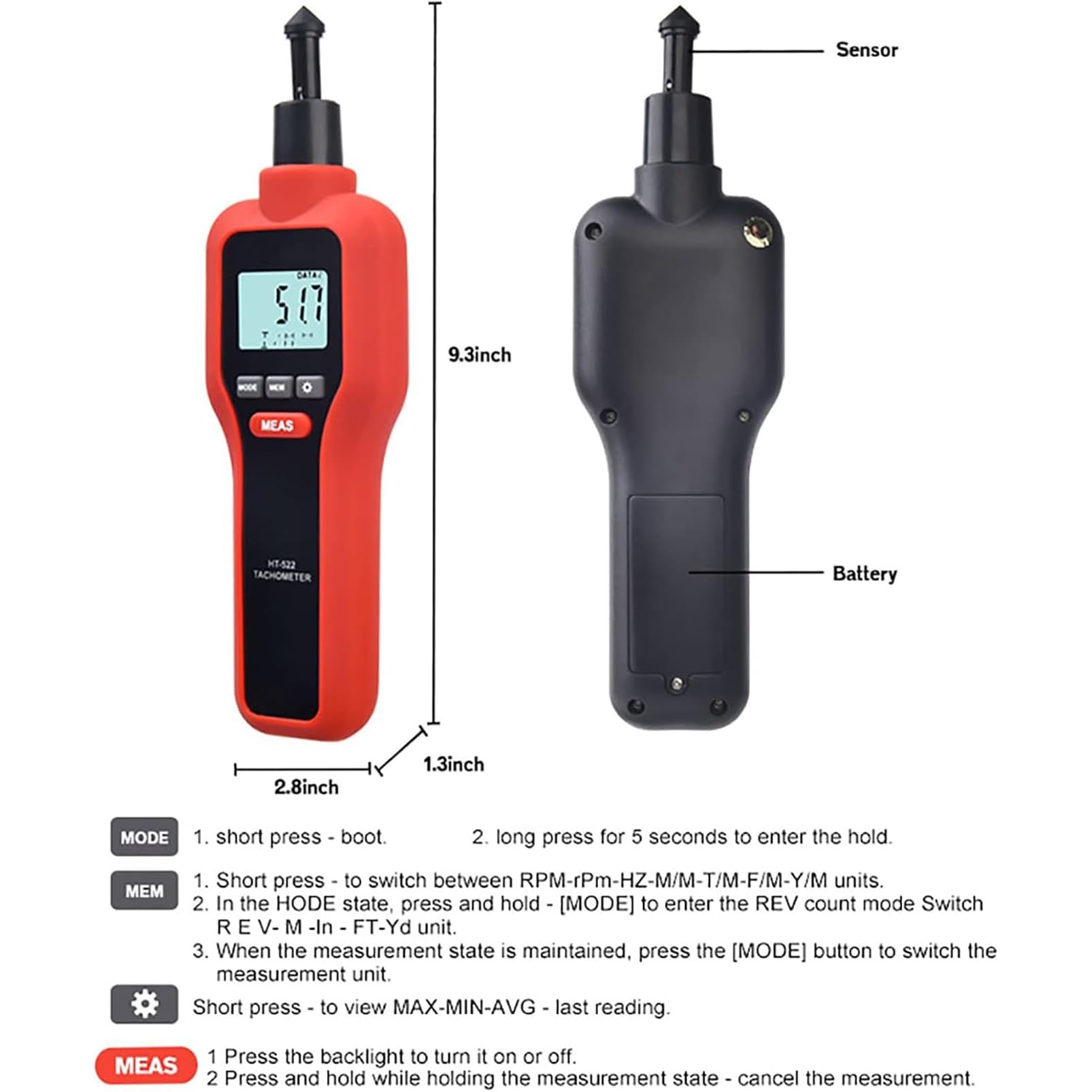 Tacómetro digital 2 en 1, medidor de RPM de contacto y sin contacto con retroiluminación LCD, medidor de velocidad de fotografía láser 1-99999 RPM for medición de motor, ventilador y transportador