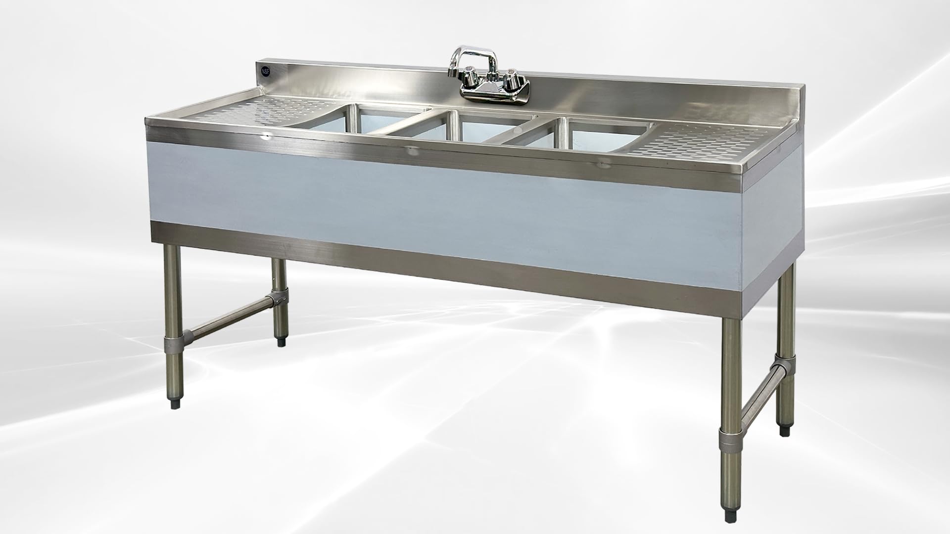 Commercial 3-Compartment Underbar Sink, 60L x 18.7W inches, NSF, Heavy-Duty Stainless Steel with Faucet and Drains BS3T101410-13LR