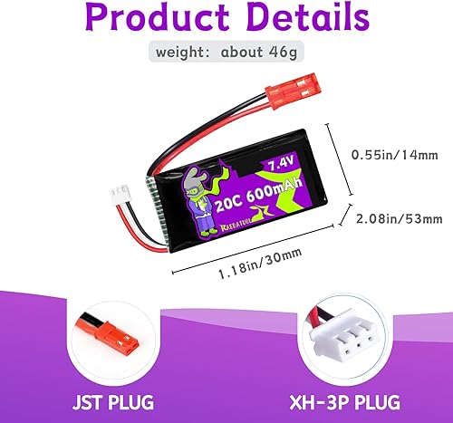 Miniatura 4 de Baterías JST 20C de 7.4V 600mAh para DEERC F35 4 canales sin escobillas RC avión para adultos Control remoto Avión EDF Fighter Jet, 2.4GHz 6 ejes