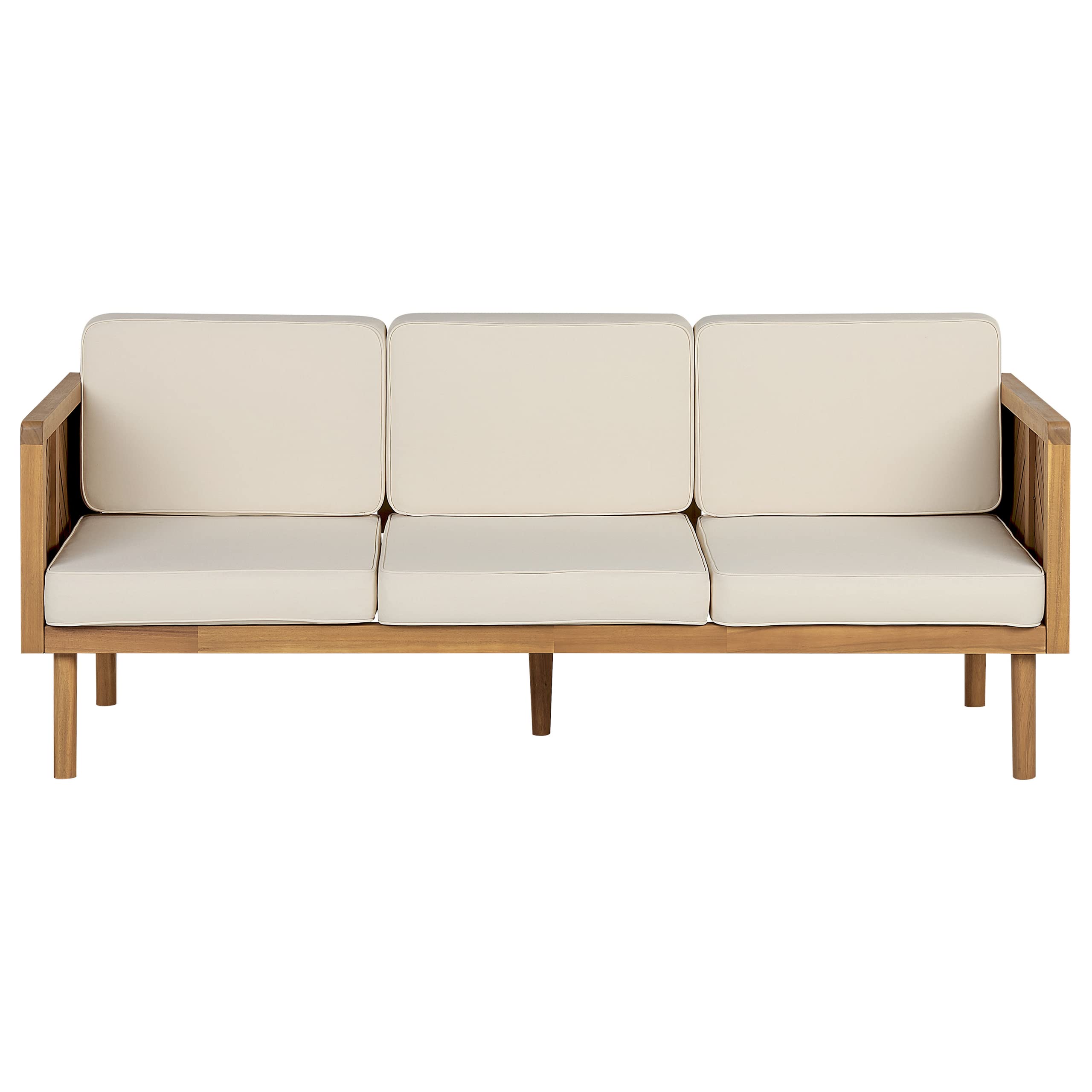Beliani Canapé de Jardin Beige Clair en Bois d'Acacia 3 Places avec Coussin Taie Déhoussable Baratti