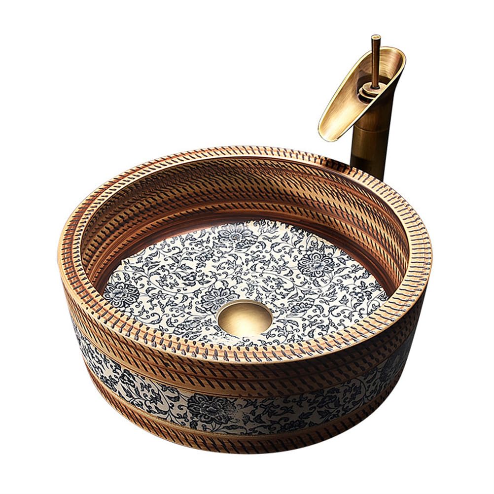 TIANQIHAO Ceramic Bathroom Vessel Sink, Above Counter Round Bowl Wash Basin With Faucet And Drain For Bathrooms