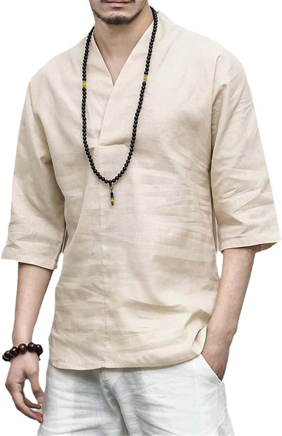Aoleaky Summer Ancient Style Cotton Linen Shirt V-Neck Short Sleeve Men 3/4-Sleeved Shirt Chinese Style Men's Clothing Hanfu