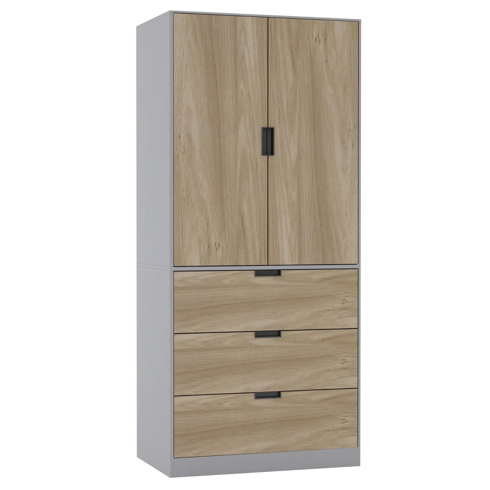 URBNLIVING Modern 2 Door Wardrobe with 3 Drawers & Hanging Rail, Stylish Freestanding Storage, Spacious Interior, Durable Chipboard Build, Easy to Assemble Bedroom Furniture