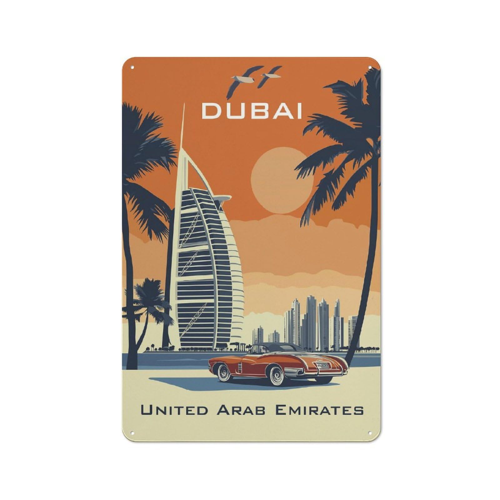 Junmoney Style-15 Retro Metal Plaque 30X20cm Featuring Original Burj Al Arab Dubai Travel Poster For Workshop Wall, For Metal Sign Collectors, For Garage And Workshop Walls