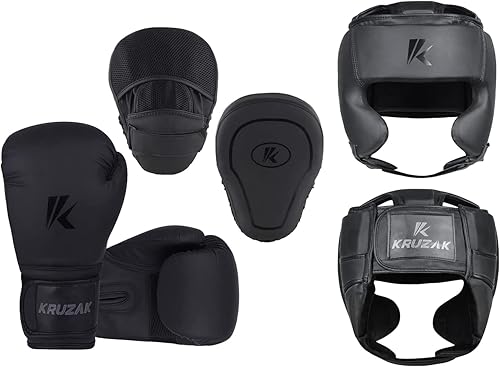 Kruzak Unisex Matte Black Boxing Gloves, Focus Mitts and Head Gear Set for Kickboxing and Muay Thai MMA Training  Fitness Kit for Martial Arts and