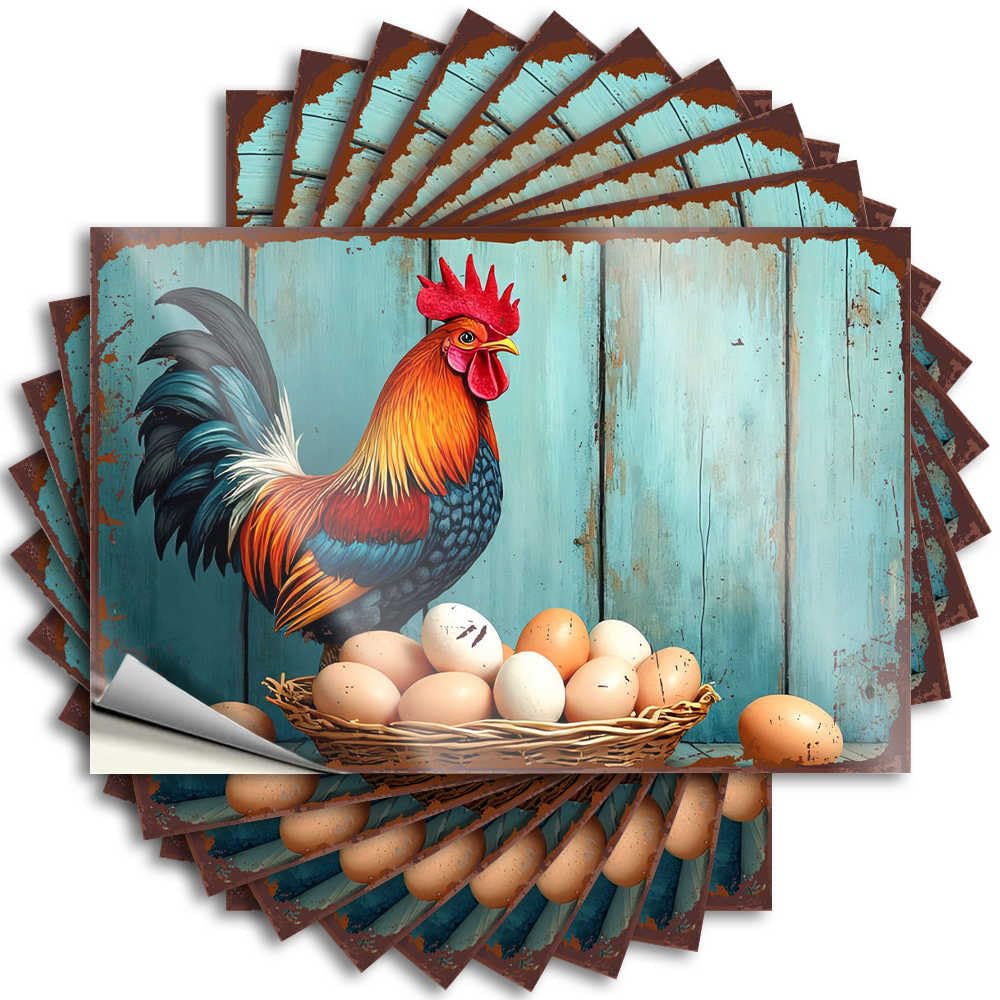 Decal - Southern Tumbler Colorful Rooster with Basket of Eggs On Rustic Wooden Background for Autumn The Room Decorations(8X12CM)