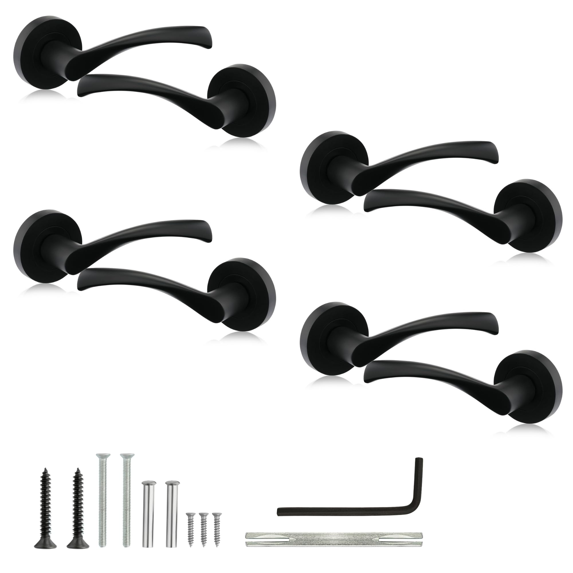 XFORT Warped Lever on Rose Door Handles Matt Black, Internal Door Handles for Wooden Doors, Modern Interior Door Handle Set (4 Pairs)