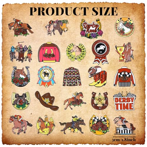 Image of Kosiz 24 Pcs Derby Day Enamel Pins Horse Racing Lapel Brooch Pins Rose Horseshoe Lapel Badge Western Derby Party Charm for Horse Race Lover Gifts Backpacks Cloths Hats Jewelry Set