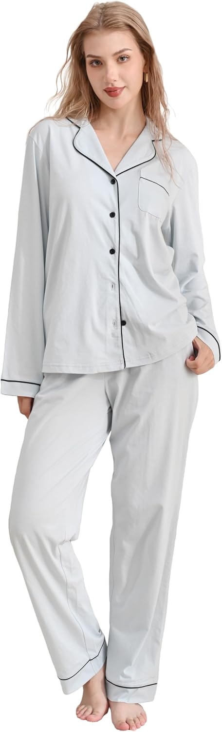 100% Cotton Pajamas for Women 2 Piece PJs Set Light Blue M Long Sleeve with 3 Pockets Sleepwear (LightBlue,M)