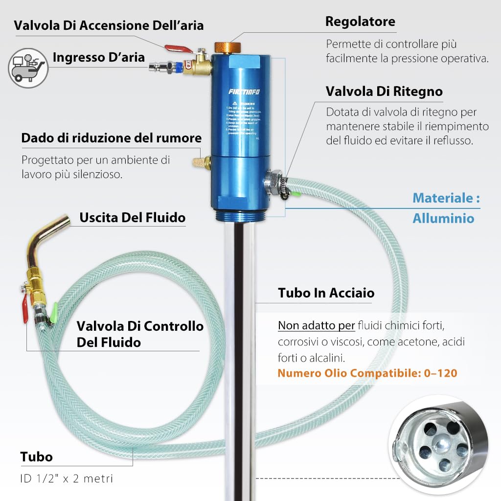 FIRSTINFO Pompa Pneumatica per Fusto 200L, Sistema 1:1 per Fluidi ad Alta Viscosità, Distributore per Serbatoi Aperti, Compatibile con Lubrificanti, Motore e Trasmissione, A1182EU