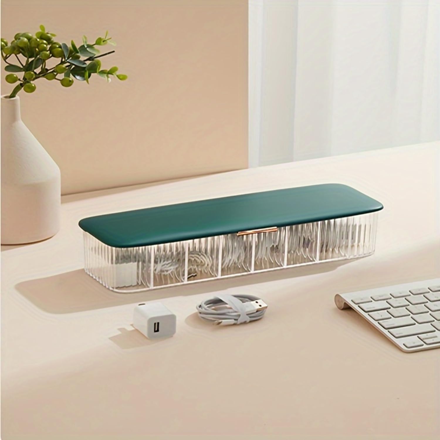 Soko Nordic Data Cable Organizer Box, 8 Compartments Table Top Desk Management, Storage Tray for Home & Office - Charger, Electronic Accessories, Jewellery, Wires, SD Card, USB, Stationary - Green