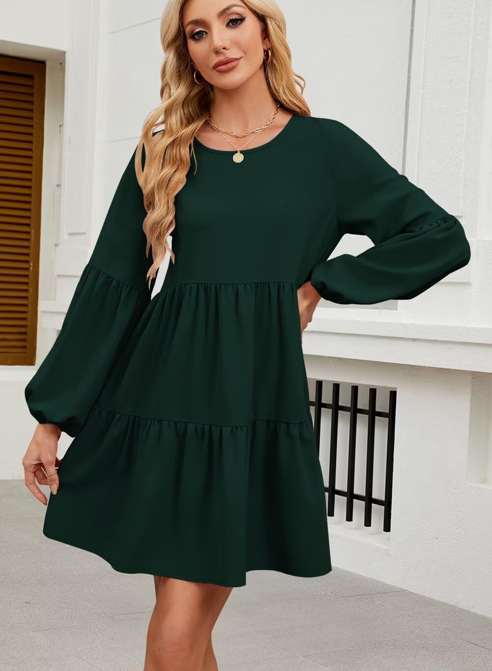 QACOHU Falll Dresses for Women 2026 Crew Neck Long Lantern Sleeve Casual Loose Flowy Swing Shift Dress - Image 3