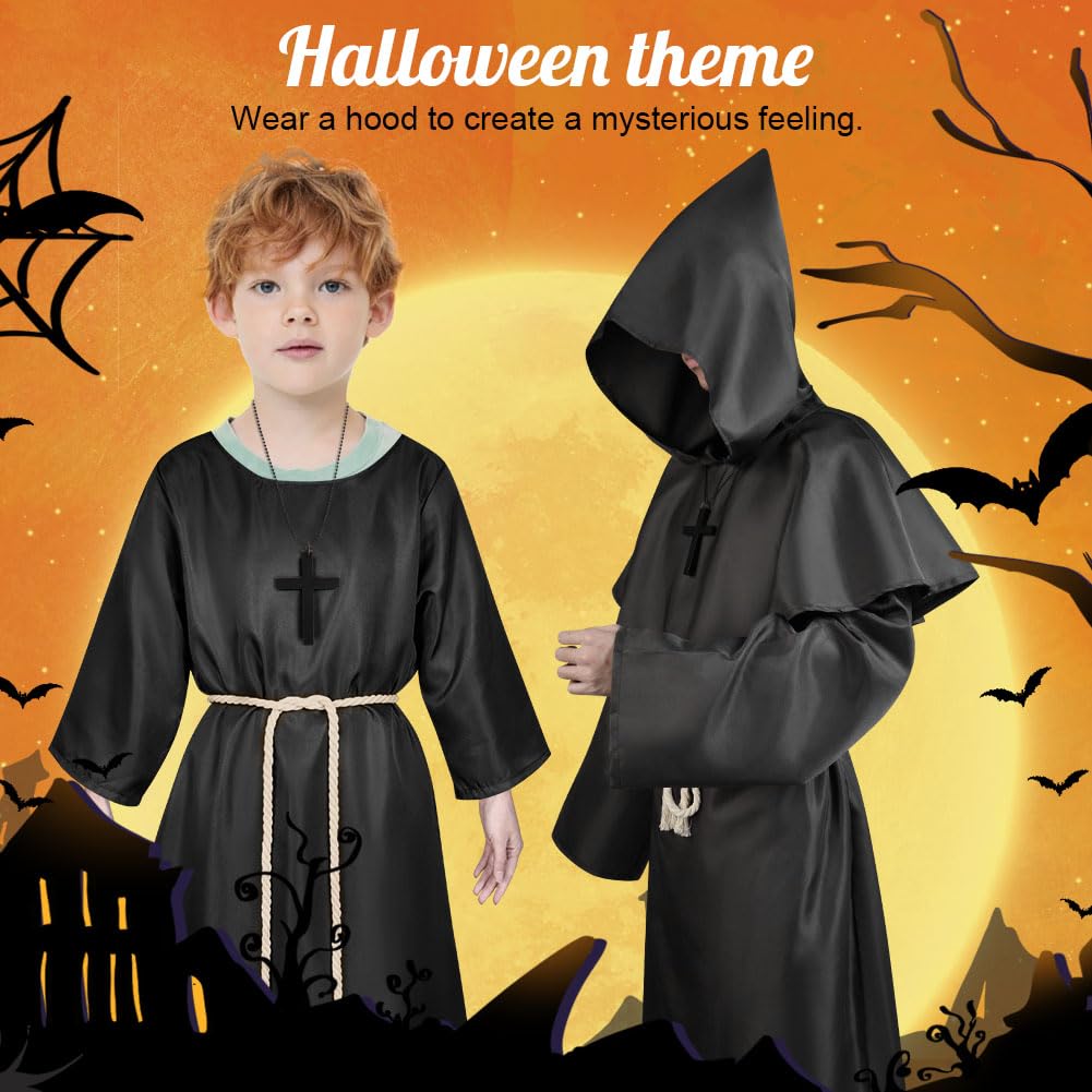 AUYAO Costume da Monaco Bambino, Medievale Halloween Monaco Sacerdote Accappatoio, Cosplay Costume Robe Mantello con Cappuccio, Abito Costume Monaco Saio Vestito da Monaco per Halloween Carnevale