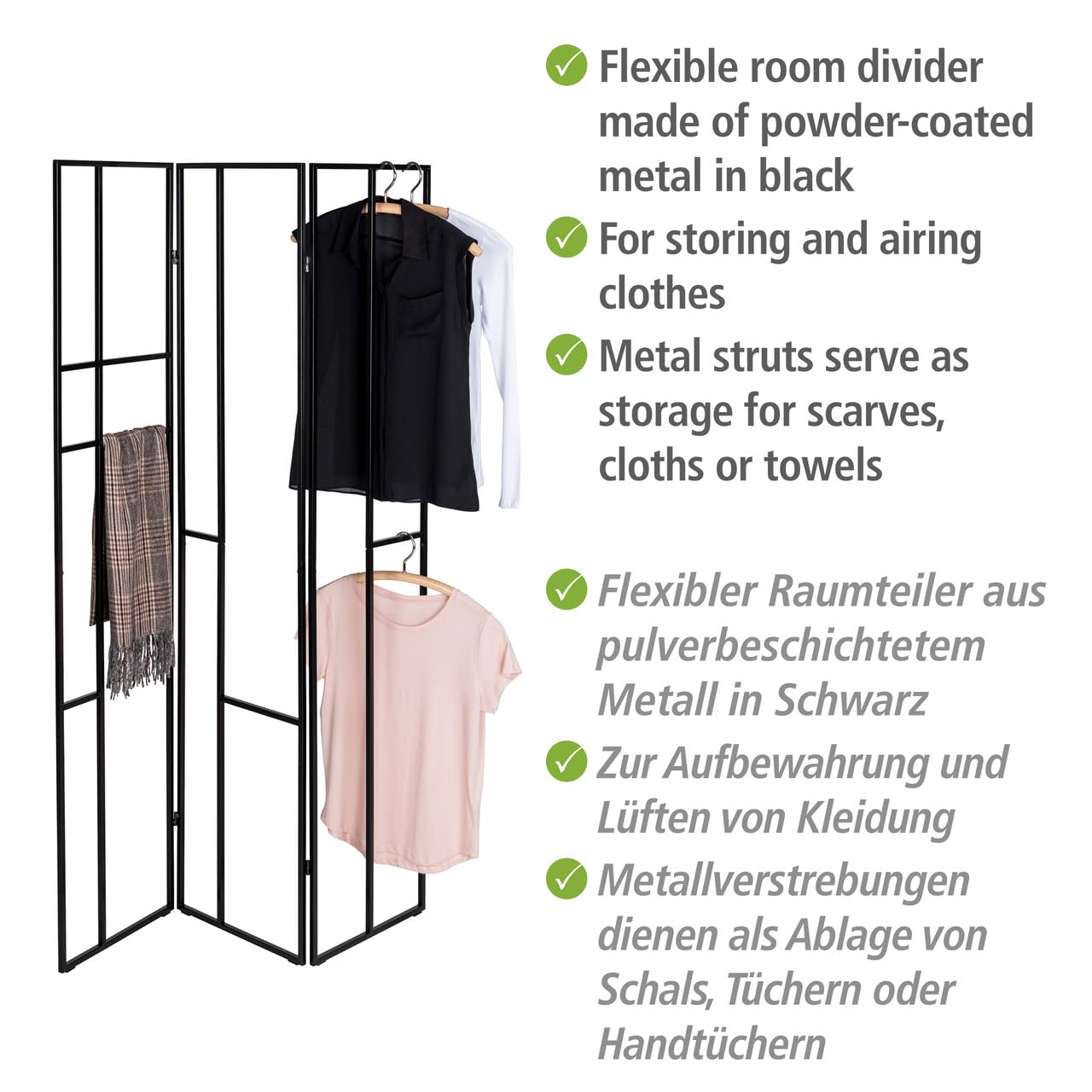 WENKO Paravent Shakti, séparateur pièce en métal thermolaqué Noir, Ranger et aérer Les vêtements, grilles avec Place Rangement Les écharpes, Accessoires et couvertures, 120 x 170 cm 69799800