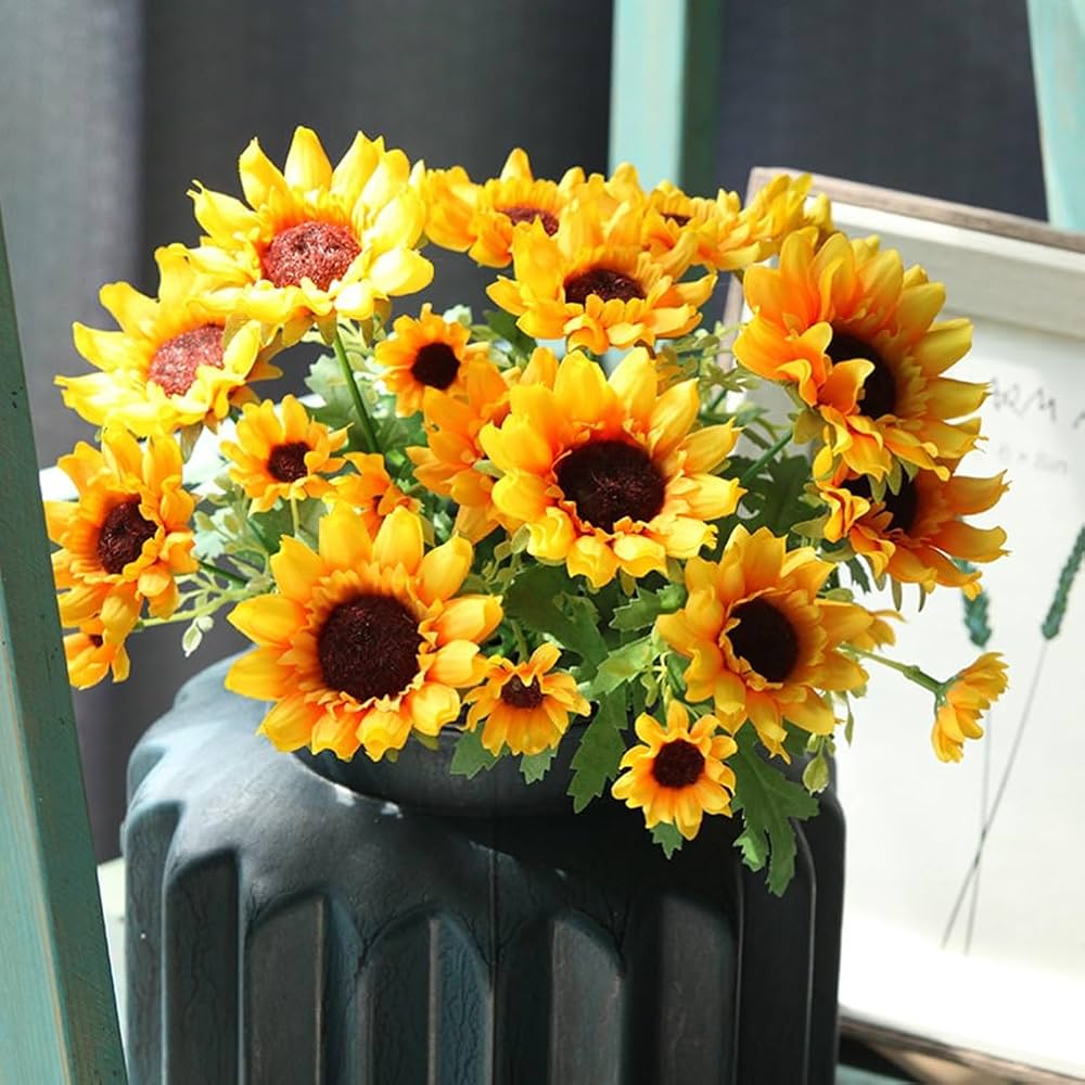 Amazon｜DIFEIUKI ひまわり 造花 花束 2本14頭 絹花 枯れない花