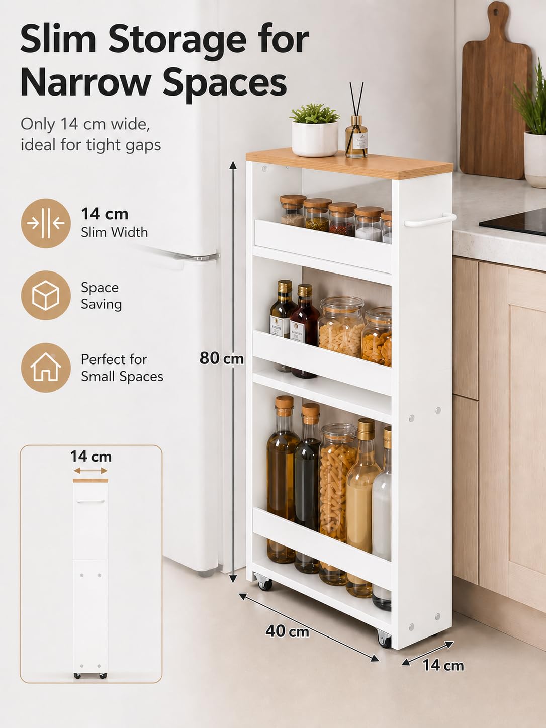 Standregal schmal mit Rollen 2 Stück Weiß 40 x 14 x 80 cm Regal | Schmales Standregal mit 3 Ebenen nutzt kleine Nischen optimal und schafft praktischen Stauraum für Bad Küche Haushalt
