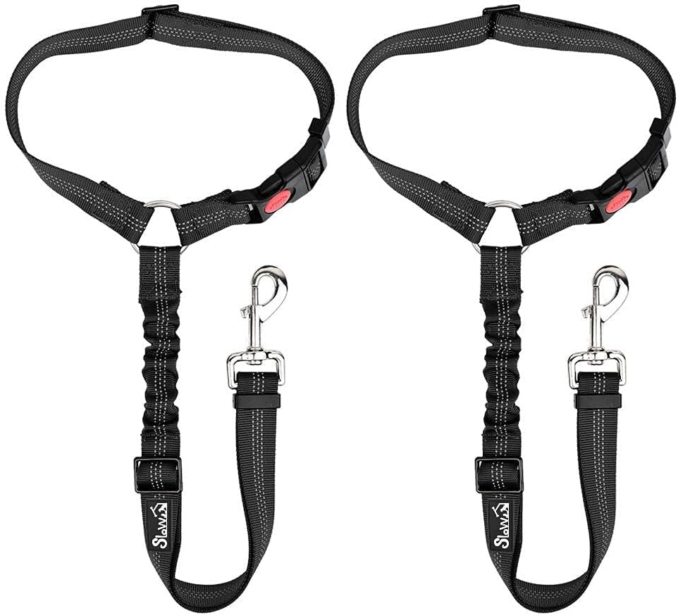 Slowton 2 Pack Pet Car Seat Belt Headrest Restraint Adjustable Puppy Safety Seat Belt with Elastic Bungee and Reflective Stripe Connect with Dog Harness in Vehicle for Travel Daily Use,Black