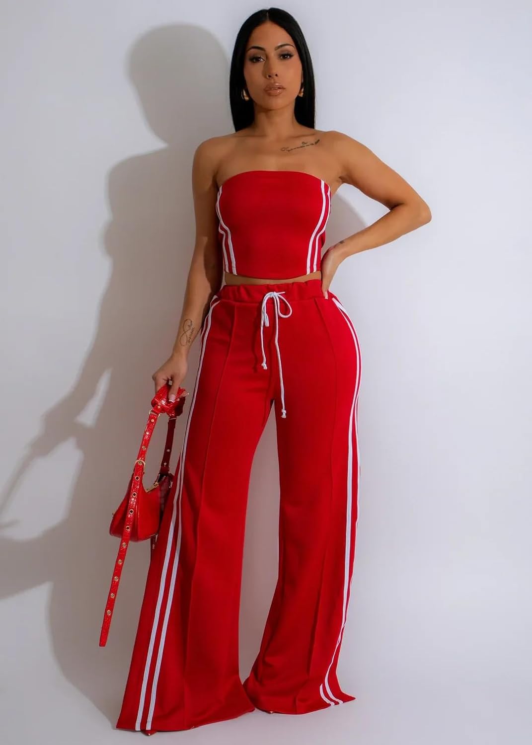Women's Summer 2 Piece Outfits Strapless Striped Crop Tops & Wide Leg Pants Sets Sexy Two Piece Sets - Image 2
