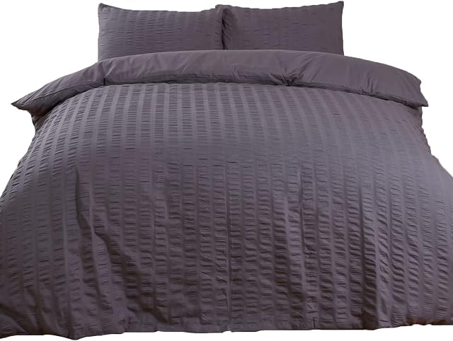 Highams Seersucker Duvet Cover with Pillow Case Bedding Set, Charcoal Dark Grey - Superking