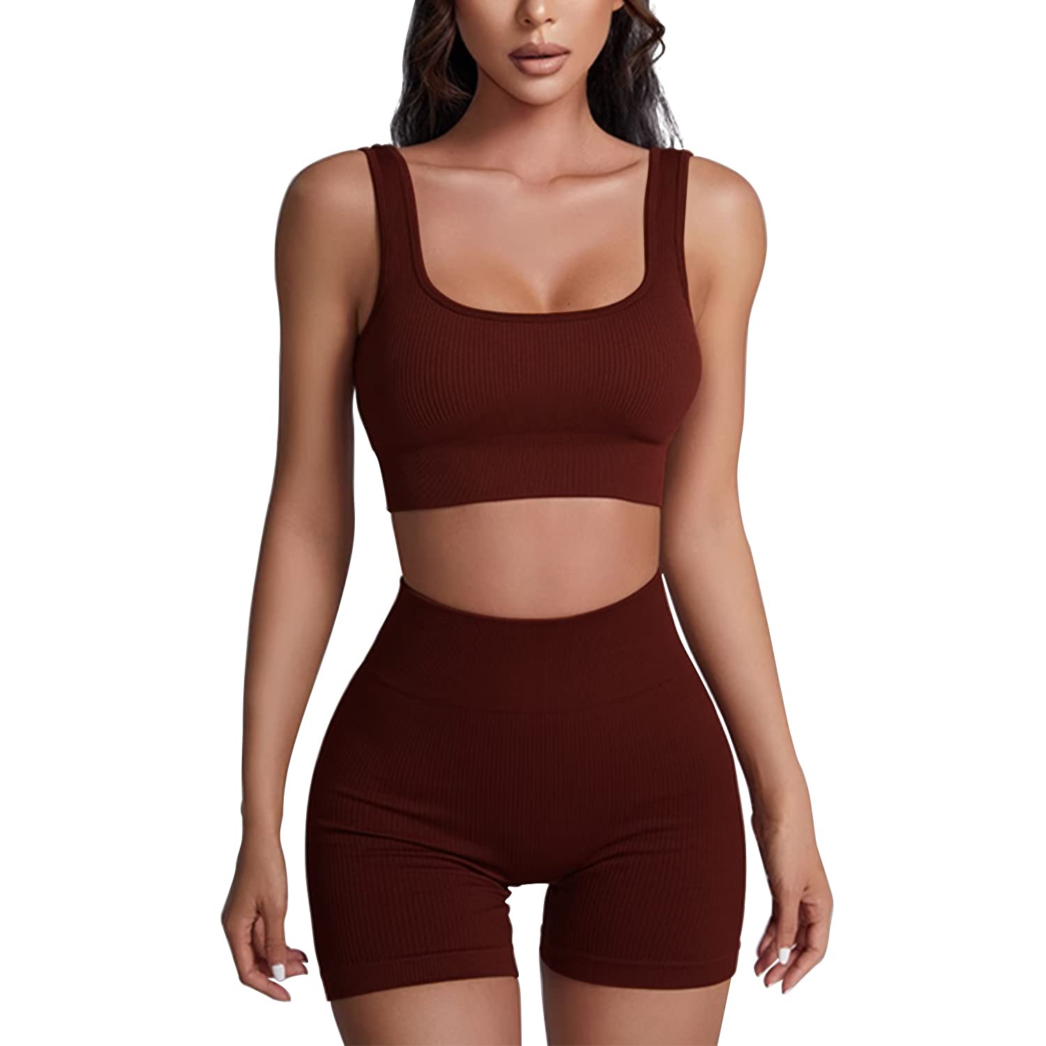 Workout Sets for Women 2 Piece Ribbed Seamless Yoga Outfits Crop Tank High Waist Exercise Shorts Sports Bra Tracksuits