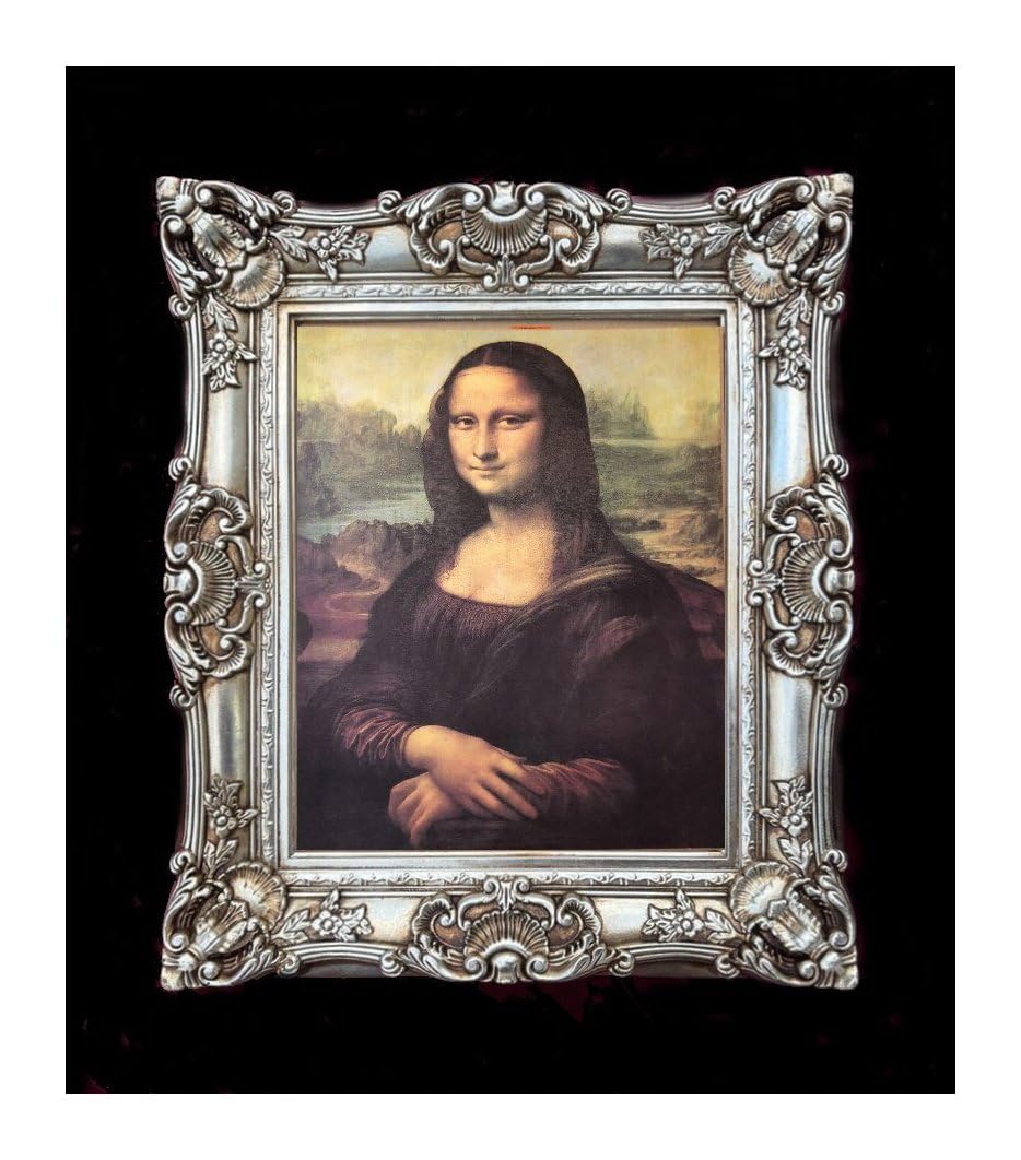 Mona Lisa Bild mit Barock Rahmen Wandbild von Leonardo da Vinci 70x60cm Silber Kunstdrucke Gemälde Retro Repro Antik für Home Büro Praxis Café