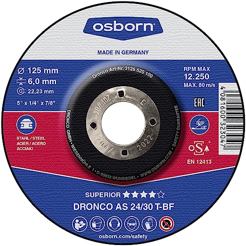 Osborn Dronco 3126520100 Special AS 24/30 T Metal Grinding Disc, Stainless Steel, 125 mm Diameter x 6 mm Thickness x 22.23 mm Hole Diameter, 12200 rpm (Pack of 10)