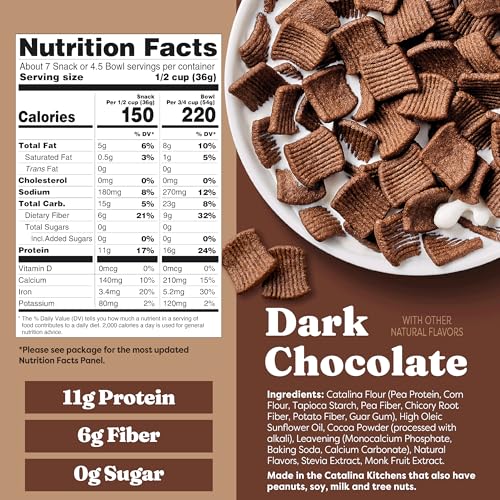 Image of Catalina Crunch Protein Cereal, Dark Chocolate, 9 oz Bag (Pack of 1) | Sugar Free, 11g of Protein, Gluten Free, Excellent Source of Fiber, Breakfast Cereal, Packaging May Vary