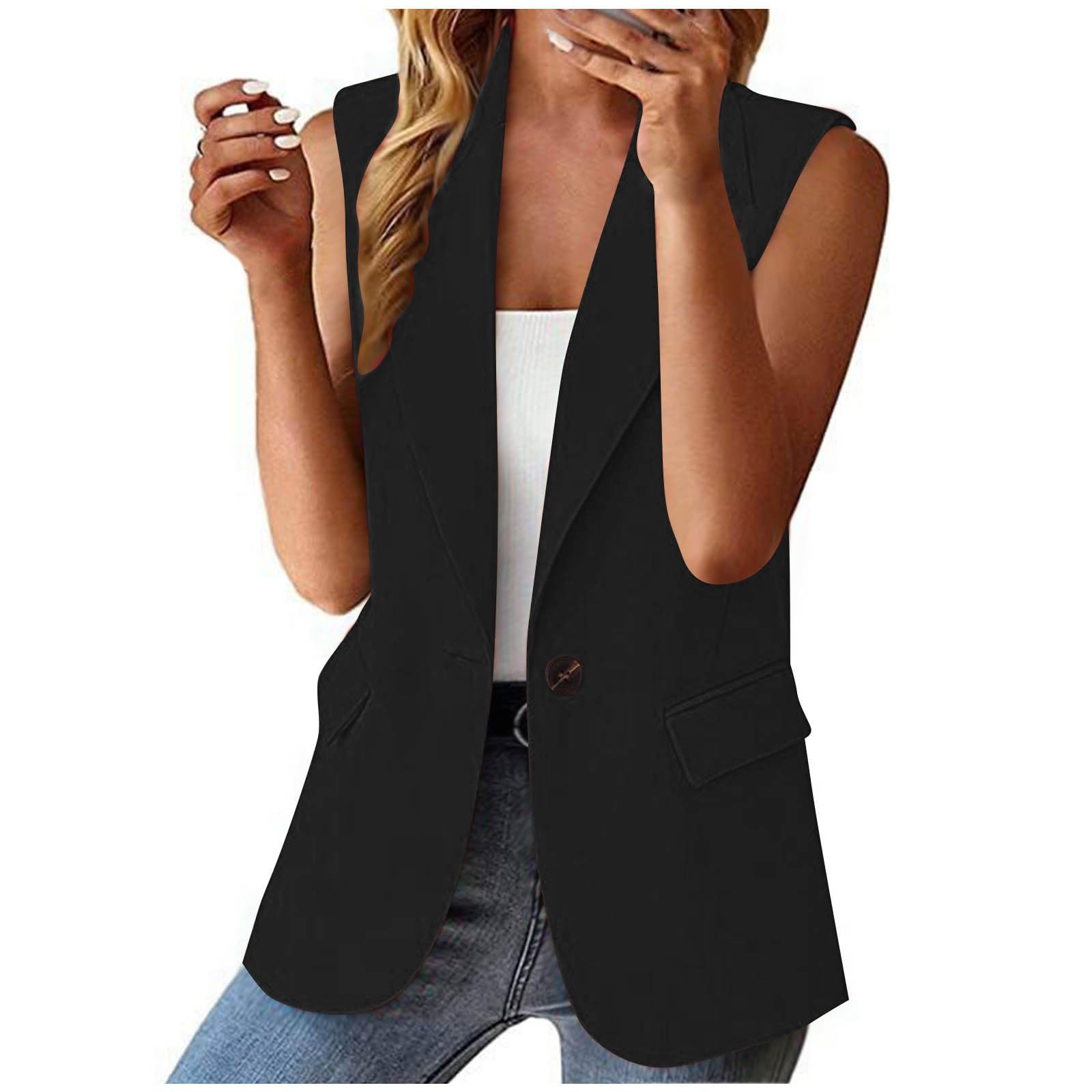 Gilet sans manches décontracté pour femme avec revers à un bouton, gilet habillé avec poche, coupe ample, sans manches, élégant pour le travail et le bureau