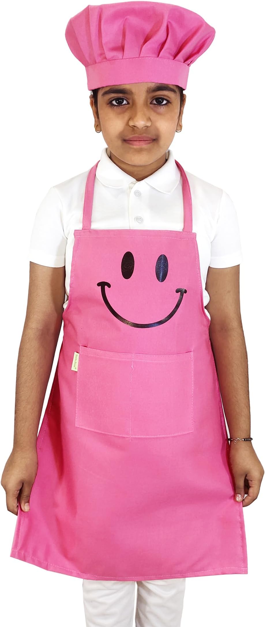 Polyester Waterproof Adjustable Kids Multi-purpose Cooking Apron with a chef cap School smiley Apron - for 3 years to 6 years Proudly made in india (PINK)