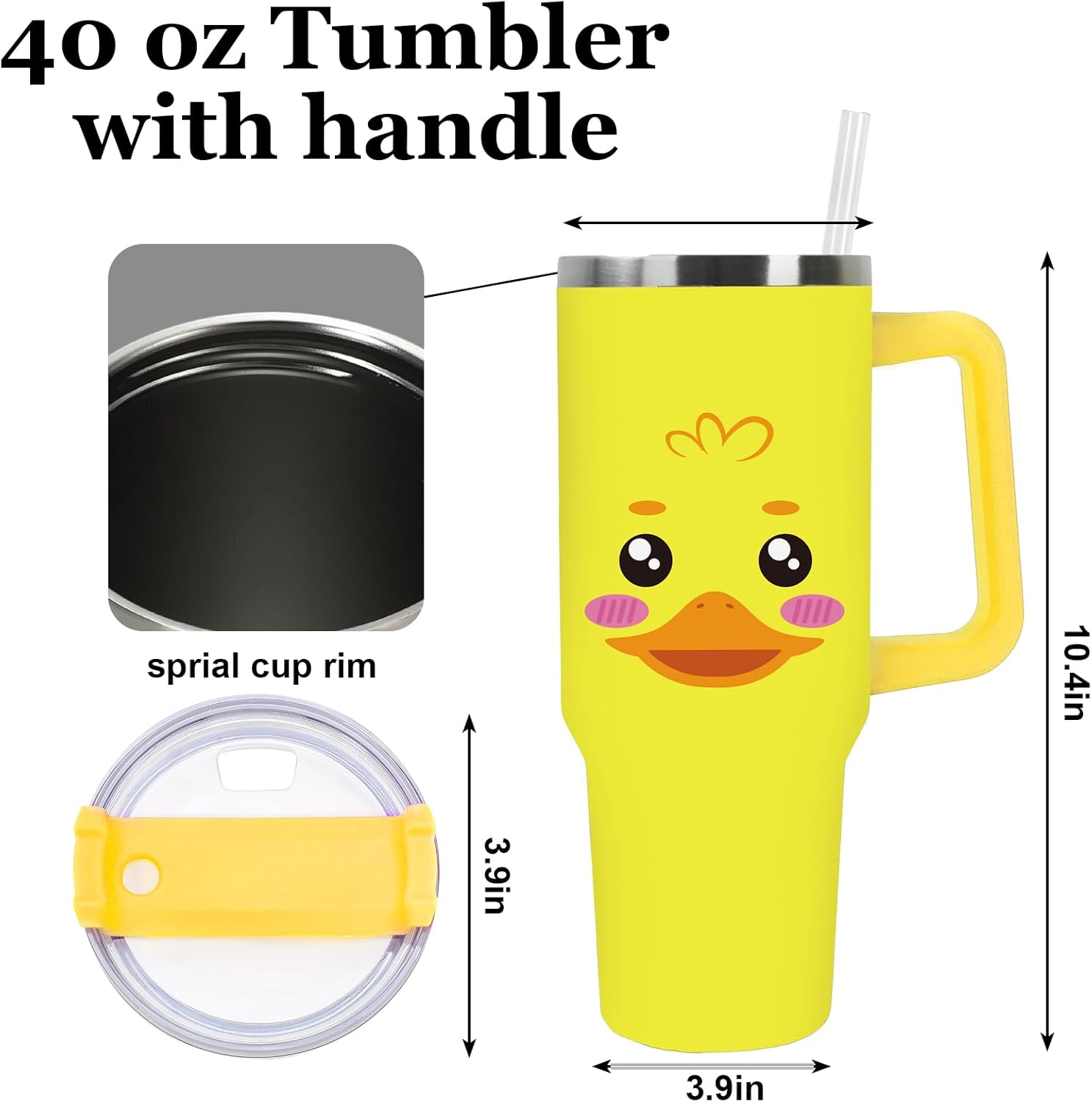 JarThenaAMCS Yellow Duck Tumbler with Lid and Straw 40oz Cartoon Rubber Duck Tumbler with Handle Summer Stainless Steel Cup for Home Office Travel - Image 2