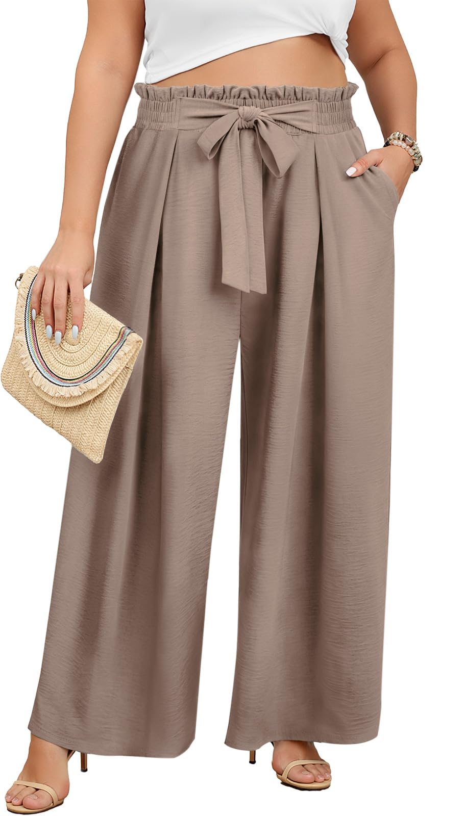 Lastshe Womens Plus Size Pants Wide Leg Work Casual Palazzo Pants Elastic High Waisted Dressy Trousers with Pockets