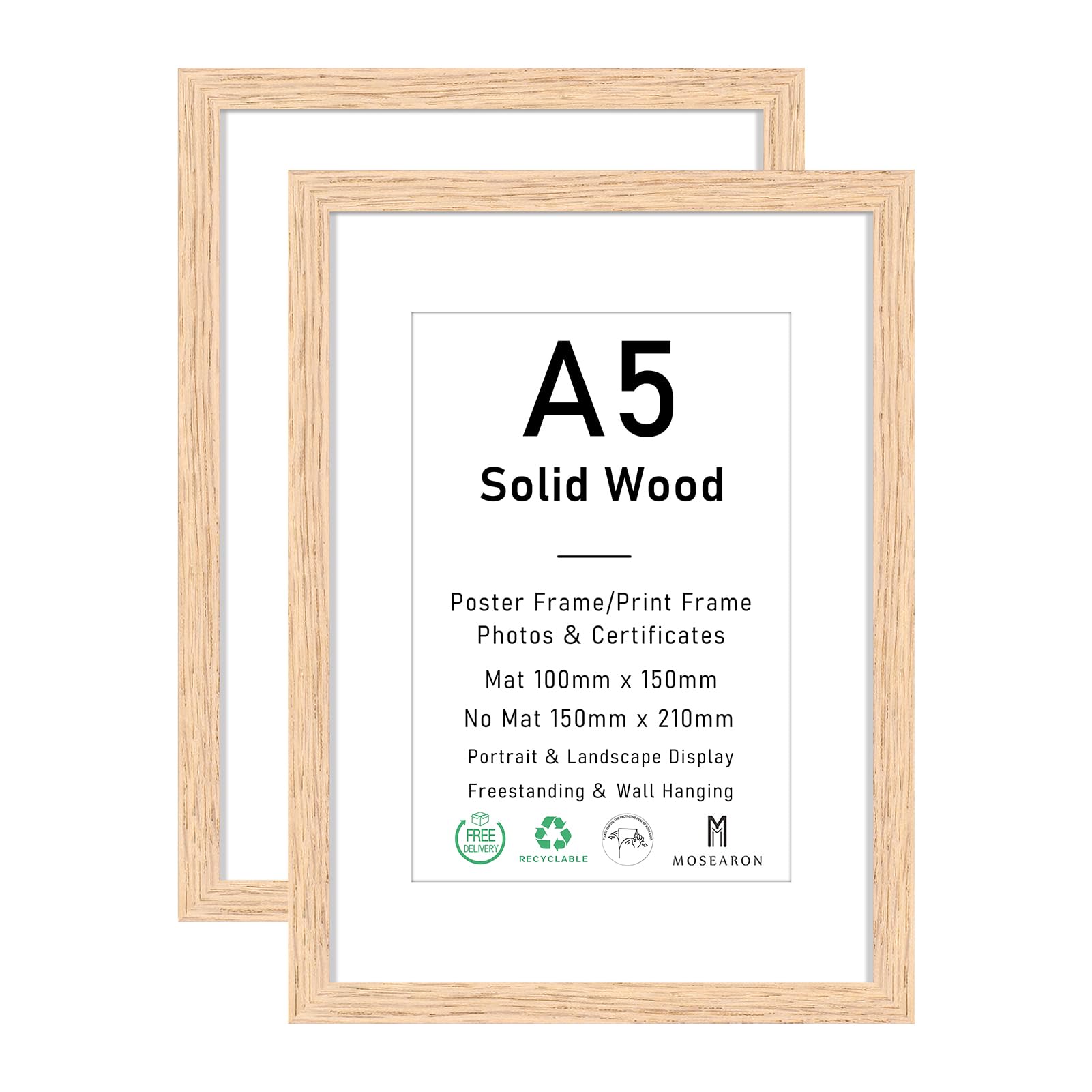 ATOBART A5 Zertifikat Bilderrahmen,EICHE Holz Bilderrahmen mit Passepartout für 4x6 Druck,Posterrahmen mit Plexi-glass für Wandmontage Display,15x21 cm,Set von 2