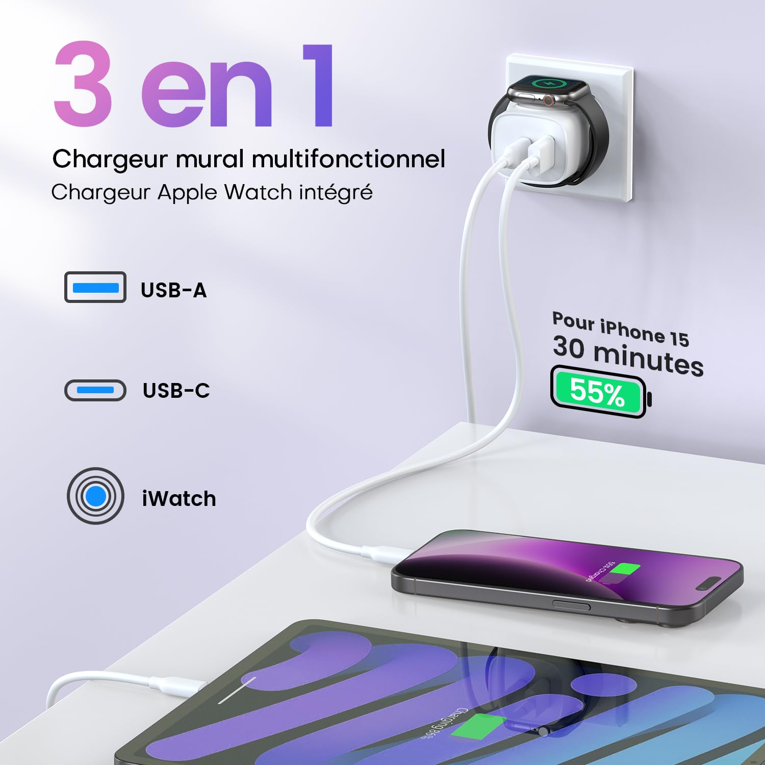 Ładowarka do Apple Watch, 3 w 1, 20 W ładowarka USB C, szybka ładowarka PD 3.0, ładowarka iWatch do Apple Watch 11/10/9/8/7/6 Ultra/SE, do iPhone 17/16/15 Pro Max, do iPad oraz AirPods Pro 2/3, biały | 20 W PD 3.0 szybka ładowarka wtyczka do Apple Watch 1