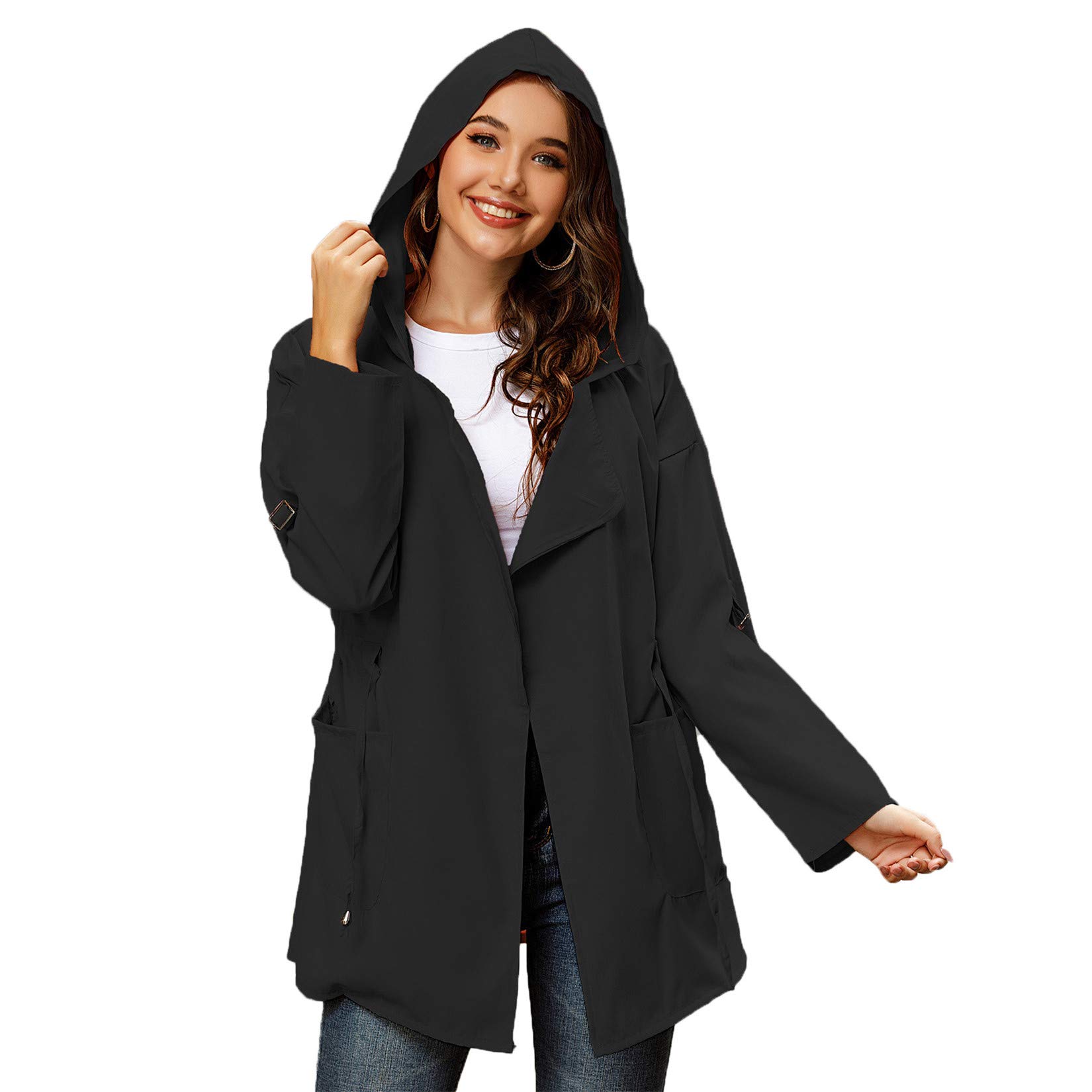 Andongnywell Womens Trench Coat Water Resistant with a Detachable Hood Solid Color mid-Length Hooded Trench Coat