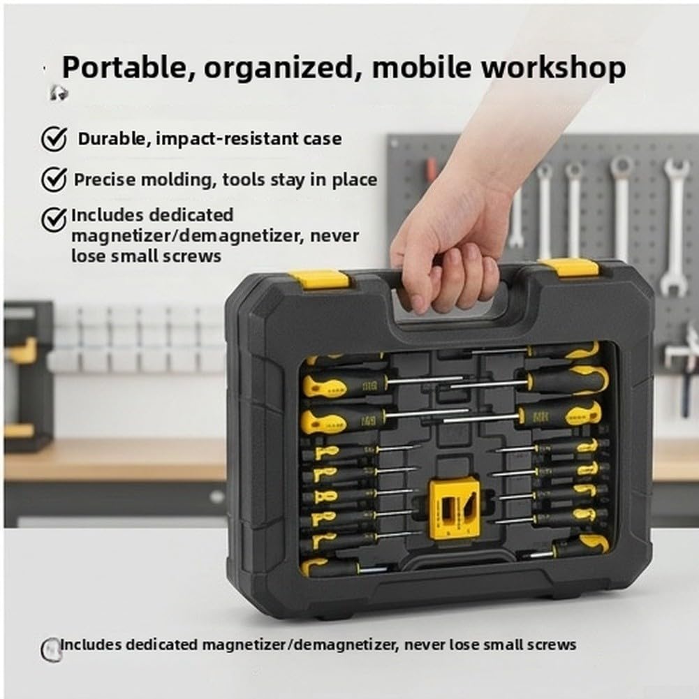Juego de destornilladores magnéticos profesionales de 86 piezas con mango ergonómico antideslizante y puntas de aleación almacenadas en estuche amarillo portátil