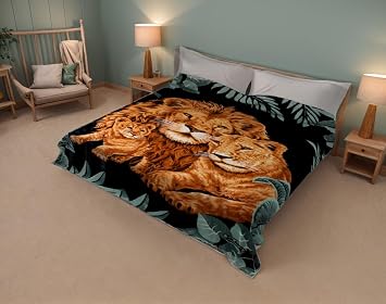 Solaron Original Lion, Lioness, Cub Thick Mink Plush Korean Style Super Soft Queen Size Blanket - Green