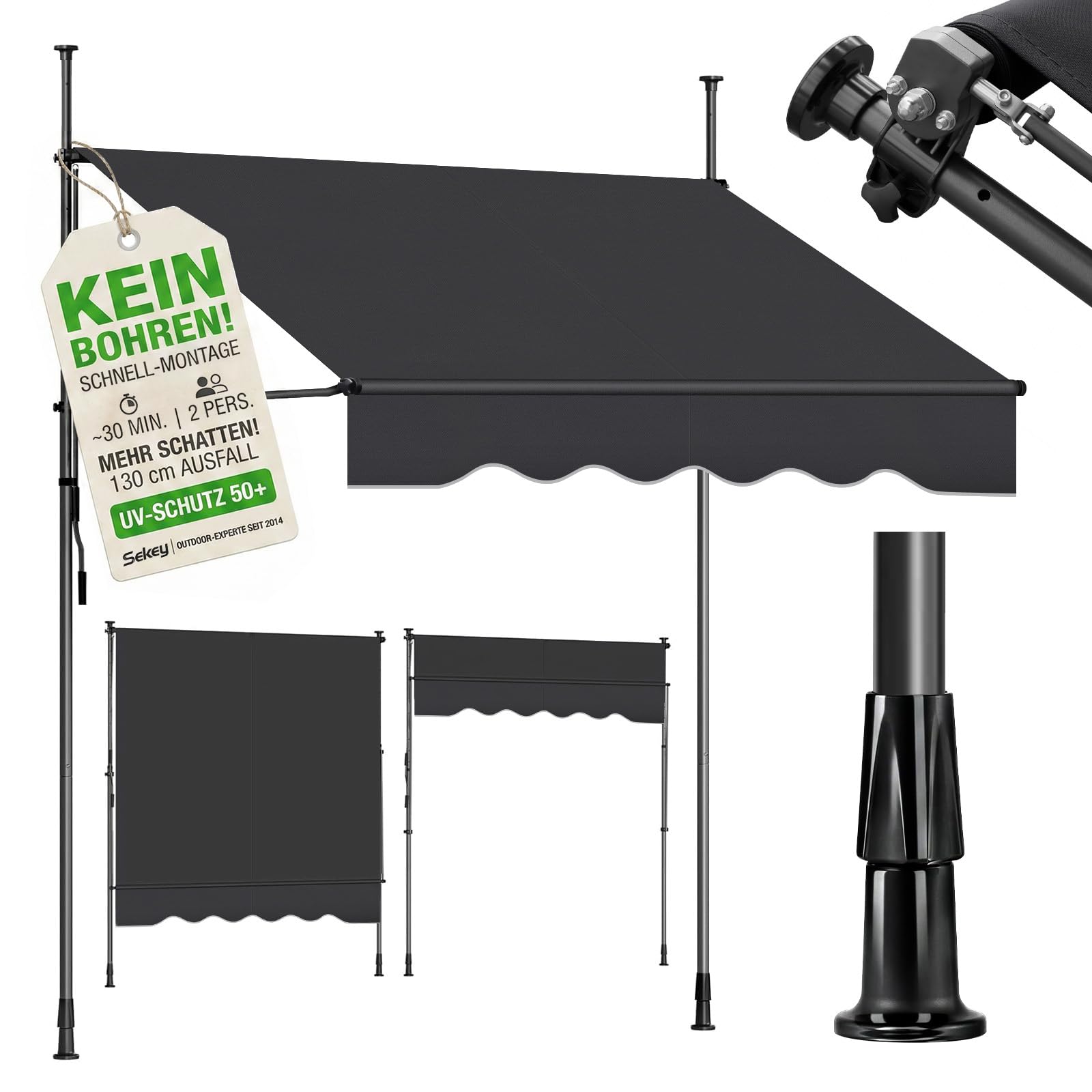Sekey Klemmmarkise 350 cm breit, Markise Balkon ohne Bohren mit Handkurbel, 130 cm Ausfall, 0-90° neigbar, UV-beständiger Sonnenschutz & wasserdicht (280g/m²), für Balkon, Terrasse & Garten, Anthrazit