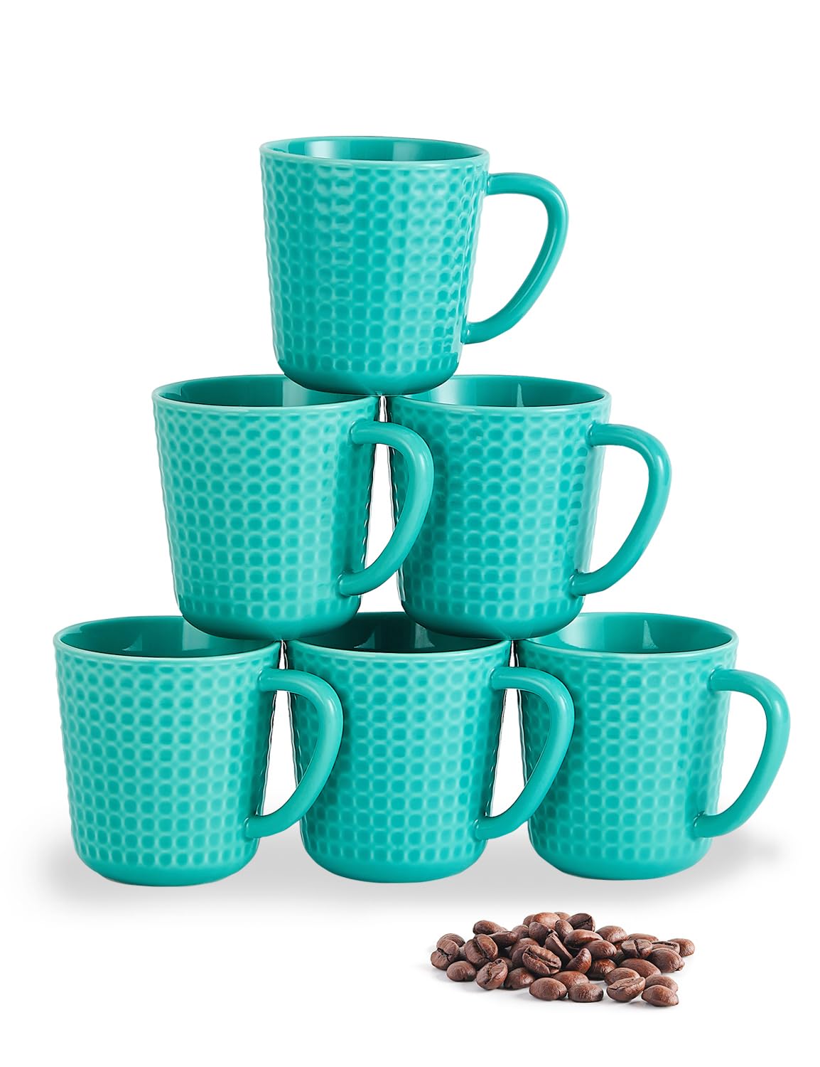 Ceramic Coffee Mugs 15 oz, Large Waffle Embossed Mug Set with Handle, Unique Coffee Cups for Latte, Cappuccino, Cocoa, Hot Tea, Mocha, Milk, Housewarming Wedding Present - Set of 6 (Turquoise)