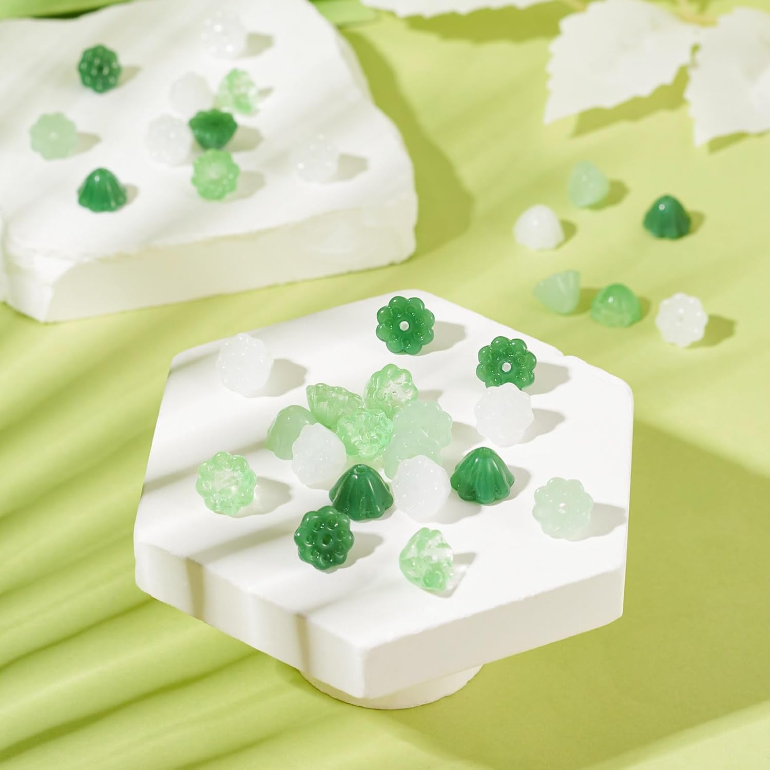 Pandahall 100Pcs Glass Green White Lotus Pod Beads Lampwork Flower Spacer Beads Glass Crystal Loose Bead for DIY Earrings Bracelets Necklaces Jewelry Crafts - Image 2