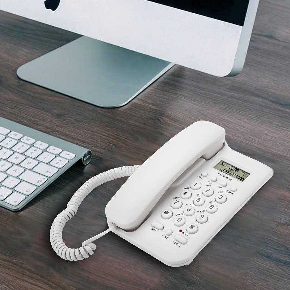 Teléfono con cable, cable con cable, teléfono fijo de escritorio, teléfono de pared con pantalla de llamadas, cable elástico para el hogar, oficina y hotel, (blanco)