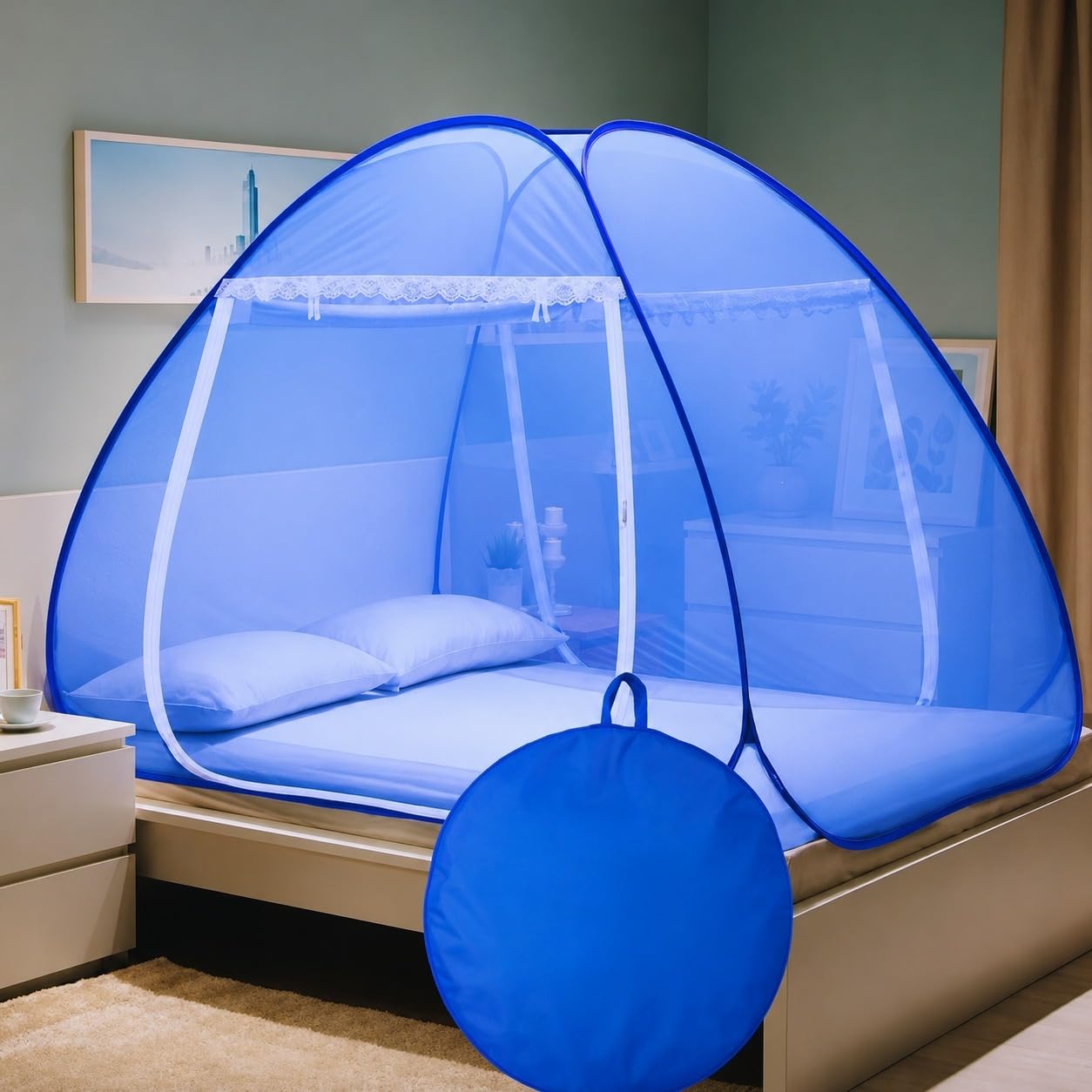 Mosquito Net for Double Bed King Size, Foldable Polyester Mosquito Net with Embroidery, Strong 30 GSM Mesh, PVC Coated Steel Frame, Insect Protection Bed Net, 200x200x145 cm, Blue (2, Blue)-image-36
