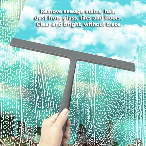 Image of 14 Inch Silicone Shower Squeegee for Glass Doors with Hook - Streak-Free Window Cleaner for Bathroom, Mirror, Tile & Car, No Scratch Squeegee with Metal Core (Gray