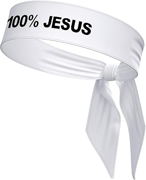 White 100% Jesus Sports Head Tie Headband - Black Stretch Sweatband Mens Football Futbol Soccer Sweat Band Christian Faith Religious
