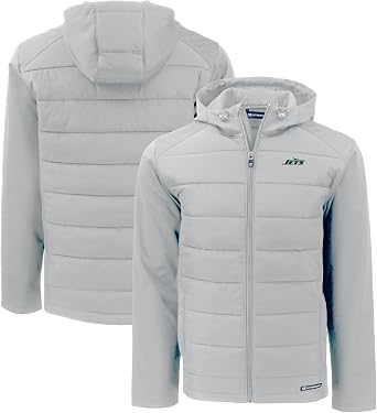 Cutter & Buck Mens Gray New York Jets Primary Logo Evoke Hybrid Eco Softshell Recycled Full-Zip Hooded Jacket