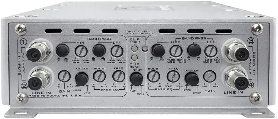 Flаѕh Sаlе Massive Audio PX4S - 150 Watts x 4 @ 4 Ohm, 480 Watts x 2 @ 4 Ohm Bridged, 4 Channel Amplifier, Built-in ATO, X1/X11 and X1/X18 Crossover Switching