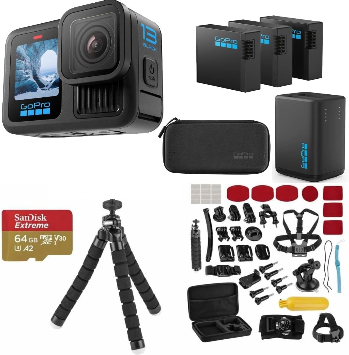 GoPro HERO13 Black Action Camera Bundle with 3 Enduro Batteries, Dual Charger, 64GB microSD, 47 Piece Accessory Kit, 5.3K Ultra HD Video, Waterproof Action Camera, 1-Year Limited Warranty