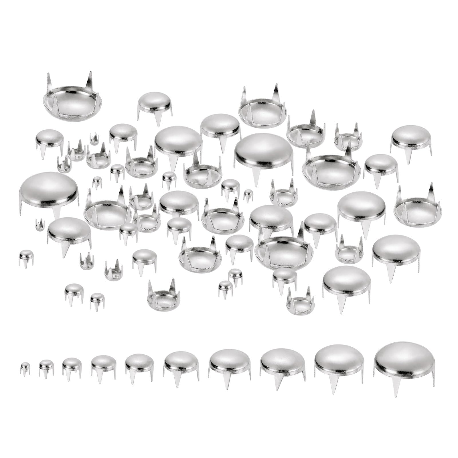 100Pcs Silver Round Dome Rivets, 10 Sizes Brass Spike Studs Spots Punk Rock Nailheads Claw Beads Assorted Kit for DIY Clothes Belt Bag Shoes Bracelet Leather Craft