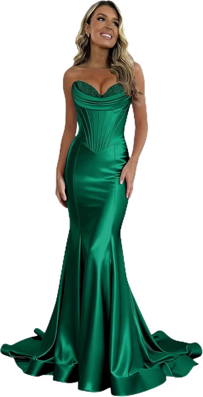 Strapless Satin Prom Dresses for Women 2026 Long Mermaid Corset Formal Evening Gown