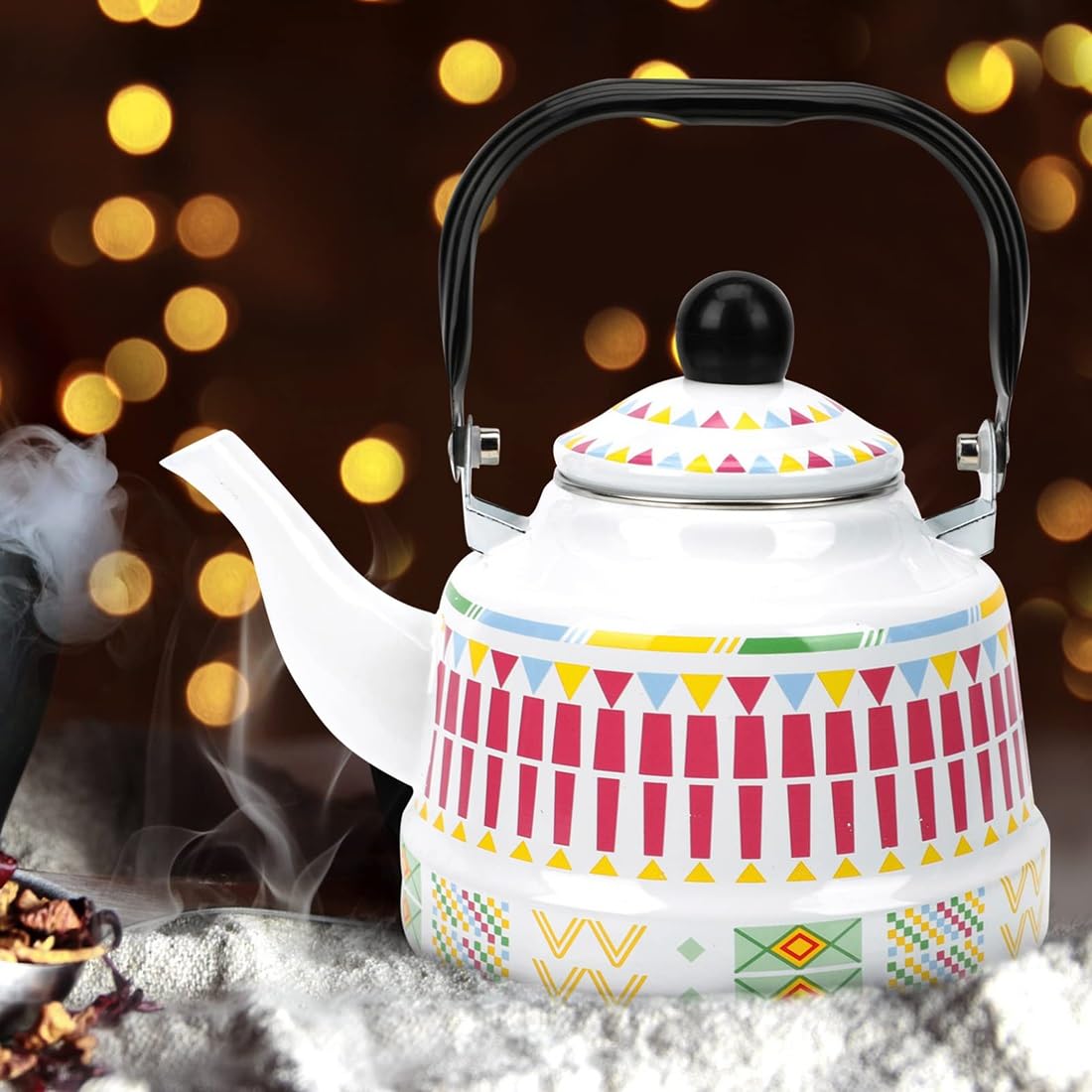 Camping Tea Kettle with Enamel Coating, Outdoor Boiling Pot, Foldable Handle & Rust-Resistant(2.5L)