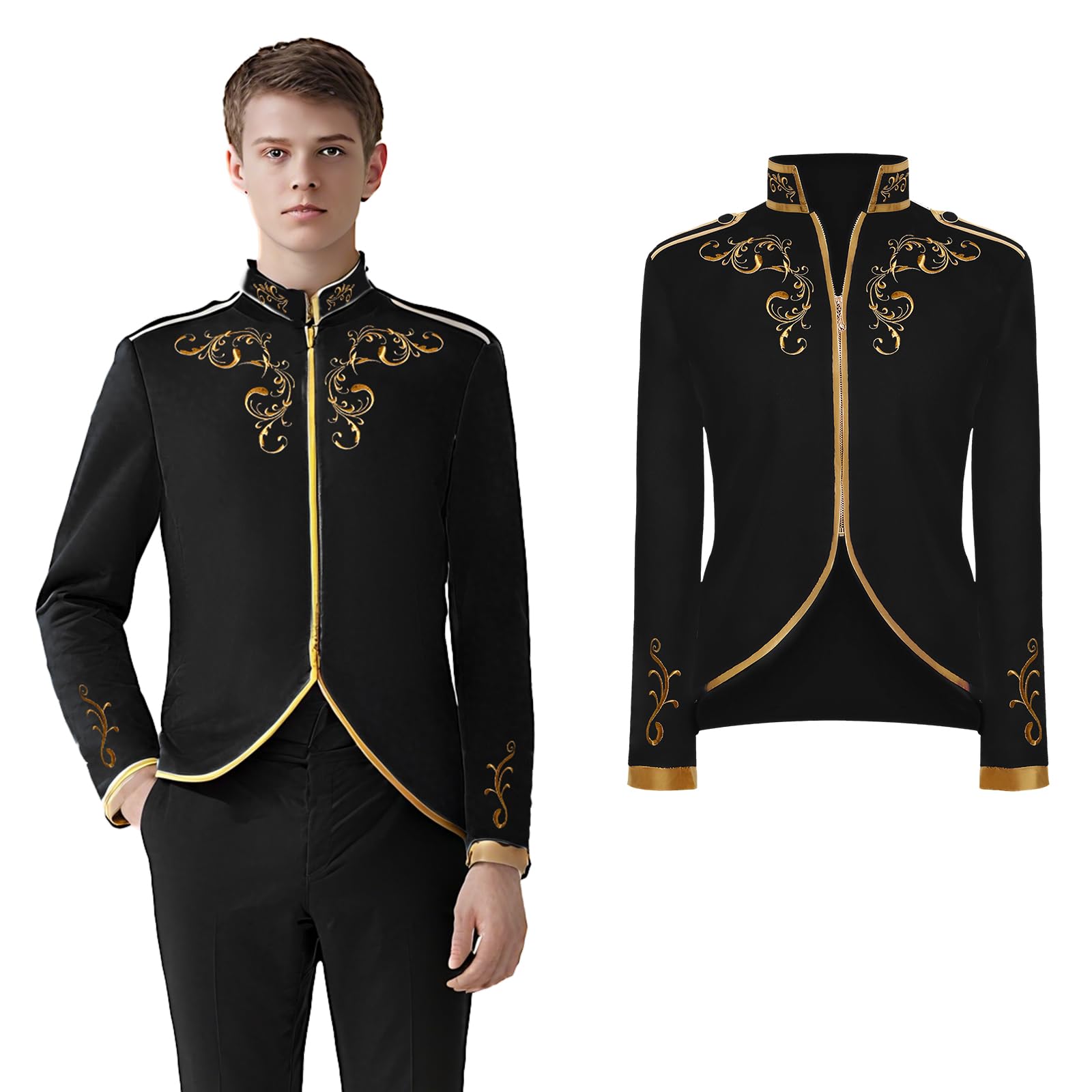 AFJIODUV Prince Costume for Men,Gothic Gold Embroidered Victorian Medieval Costume Men Jacket, Renaissance Mens Steampunk Jacket for Halloween Cosplay Prince Costume (Black, XL)